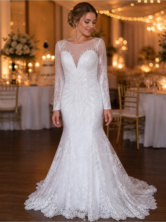 Custom Dresses & Skirts - NWOT White Beaded Lace Wedding Dress Long Sleeve Mermaid Gown Sheer Back Train
